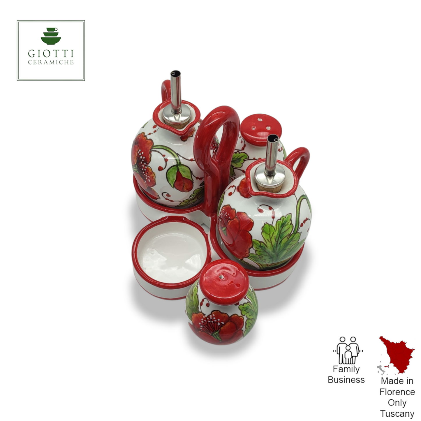 Val d'orcia Poppies Seasoning Set Oil Vinegar Salt and Pepper