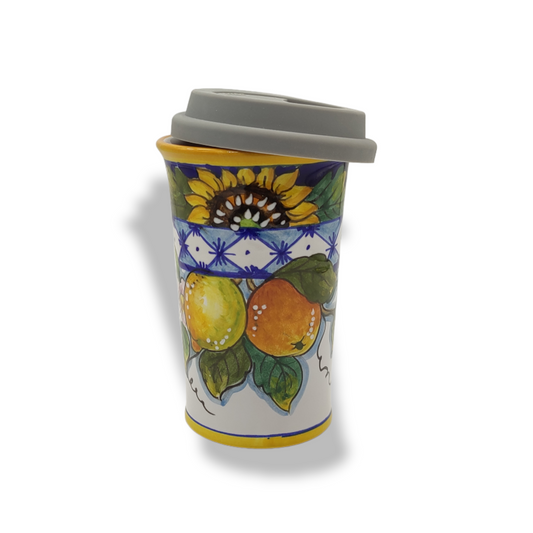 Monteriggioni Blue Sunflower Lemon and Orange Travel Coffee Cup with Lid