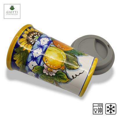 Monteriggioni Blue Sunflower Lemon and Orange Travel Coffee Cup with Lid