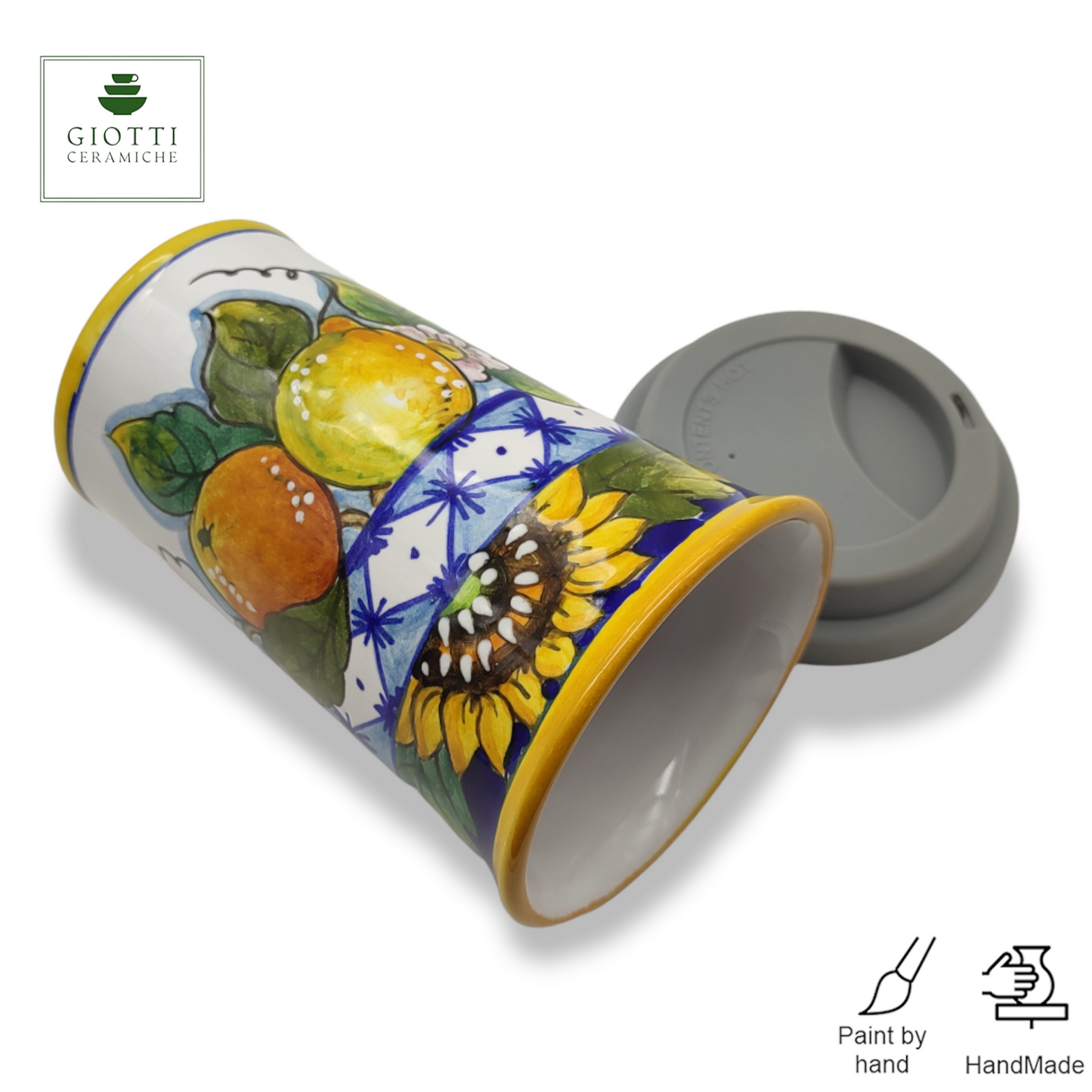 Monteriggioni Blue Sunflower Lemon and Orange Travel Coffee Cup with Lid